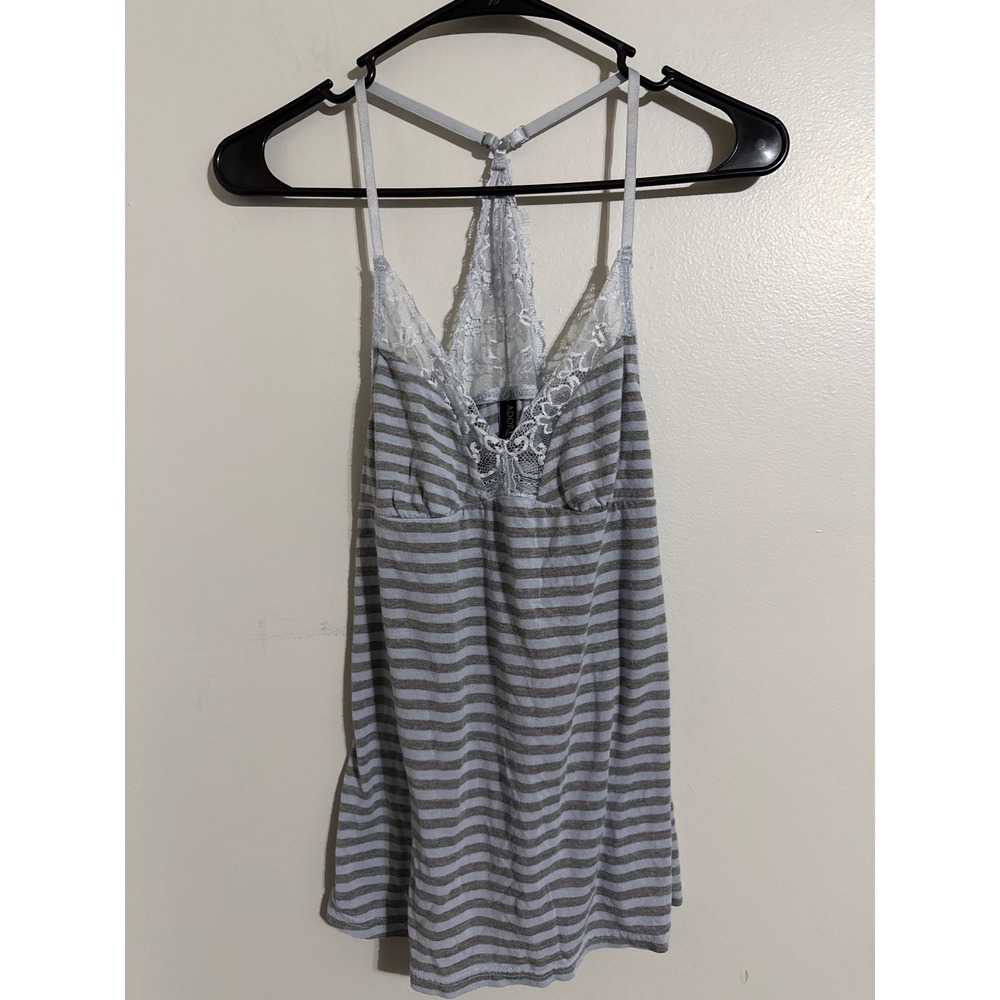 Adore Me Womens Small Grey White Striped Lace Trim Racerback Sleep Camisole Top